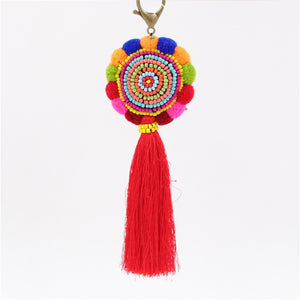 Bohemia Pom Tassel Keychain Bag Charm Women's Boho Handmade Jewelry Keyring For Party