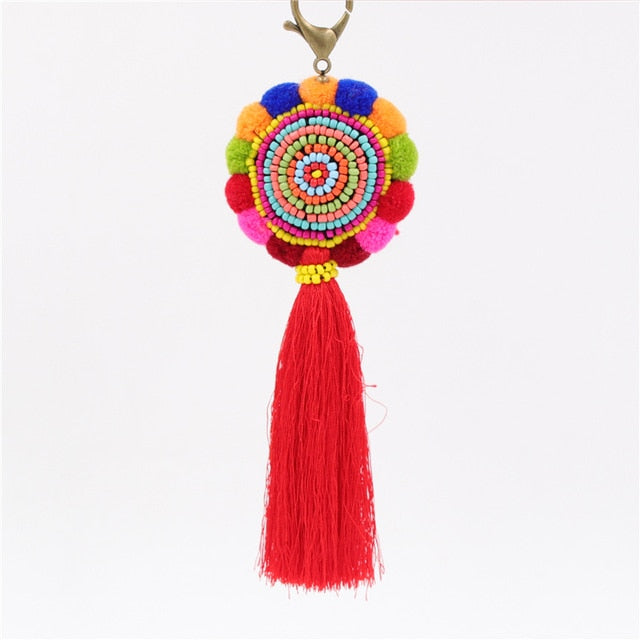 Bohemia Pom Tassel Keychain Bag Charm Women's Boho Handmade Jewelry Keyring For Party