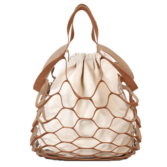 DCOS-Fashion Women Hollow Handed Net bath Bucket Bag Casual Tote Bag Big Shoulder Bags Dropship