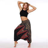 RAISEVERN Ladies Women Beach Pants Trousers Boho Gypsy Hippie Women Wide Leg Harem Peacock Feather Print Elastic Pants Trousers