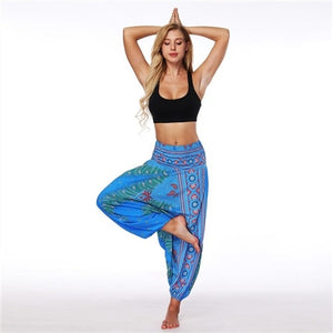 RAISEVERN Ladies Women Beach Pants Trousers Boho Gypsy Hippie Women Wide Leg Harem Peacock Feather Print Elastic Pants Trousers