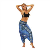 RAISEVERN Ladies Women Beach Pants Trousers Boho Gypsy Hippie Women Wide Leg Harem Peacock Feather Print Elastic Pants Trousers