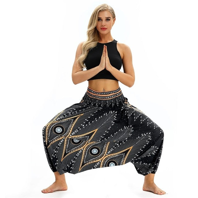 RAISEVERN Ladies Women Beach Pants Trousers Boho Gypsy Hippie Women Wide Leg Harem Peacock Feather Print Elastic Pants Trousers