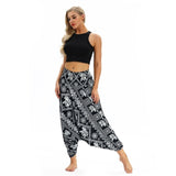 RAISEVERN Ladies Women Beach Pants Trousers Boho Gypsy Hippie Women Wide Leg Harem Peacock Feather Print Elastic Pants Trousers