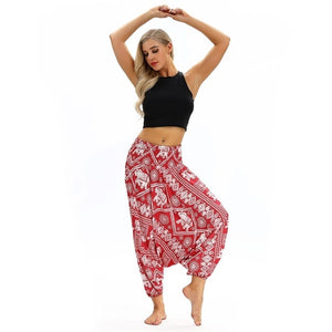 RAISEVERN Ladies Women Beach Pants Trousers Boho Gypsy Hippie Women Wide Leg Harem Peacock Feather Print Elastic Pants Trousers