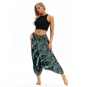 RAISEVERN Ladies Women Beach Pants Trousers Boho Gypsy Hippie Women Wide Leg Harem Peacock Feather Print Elastic Pants Trousers