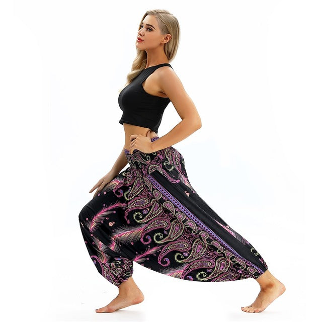 RAISEVERN Ladies Women Beach Pants Trousers Boho Gypsy Hippie Women Wide Leg Harem Peacock Feather Print Elastic Pants Trousers