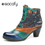 Socofy Bohemian Splicing Women Boots Retro Genuine Leather Shoes Woman Zipper Mid Heels Ankle Boots Spring Autumn Women Shoes