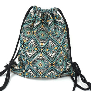 LilyHood Women Fabric String Backpack Gypsy Bohemian Boho Chic Aztec Ibiza Gypsy Ethnic Ibiza Morocco Drawstring Rucksack Bag