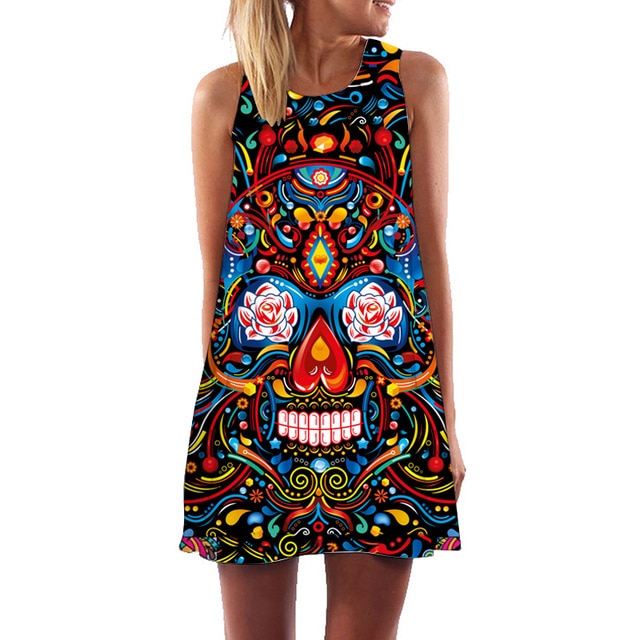 Skull Dress Women 3D Print Sleeveless Summer Mini Dress