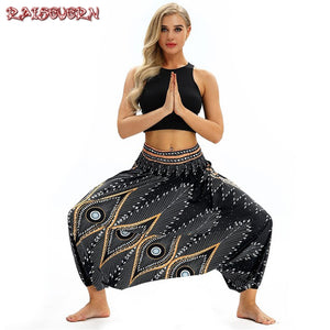 RAISEVERN Ladies Women Beach Pants Trousers Boho Gypsy Hippie Women Wide Leg Harem Peacock Feather Print Elastic Pants Trousers