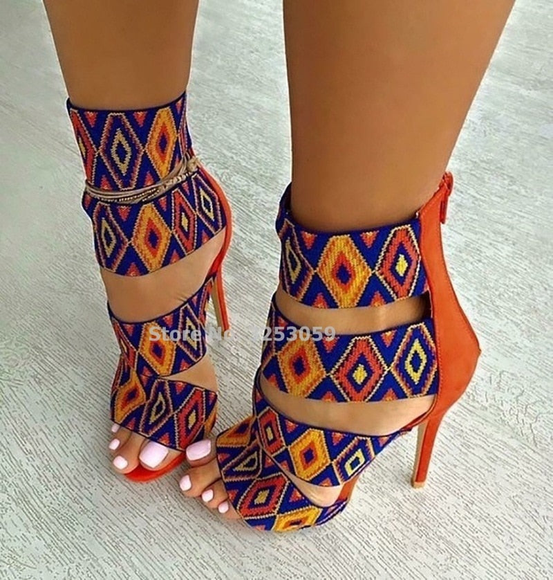 Orange Geometric Pattern Sandals Retro Style