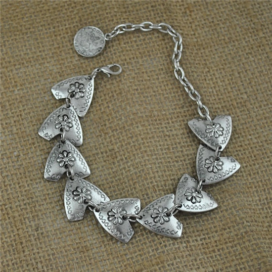 MISANANRYNE 1pc Gypsy Bohemian Antique Silver Color Carved Flower Triangle Coin Bracelet Turkish Ethnic Tribal