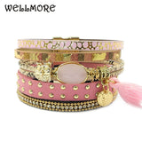 WELLMORE leather bracelets, owl, glass, tassell,Bohemian bracelets for women jewelry wholesale