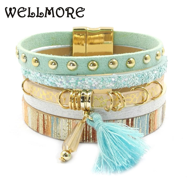 WELLMORE women leather bracelet 6 color bracelets Bohemian chram bracelets for women gift wholesale jewelry