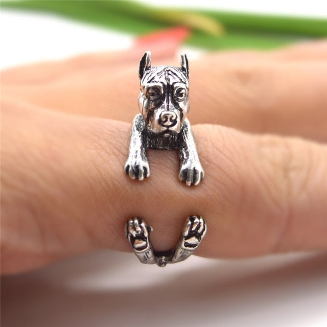 QIAMNI Pet Lovers Gift Handmade Boho Chic PitBull Dog Animal Rings for Women Men Unique Adjustable Statement Jewelry Accessories