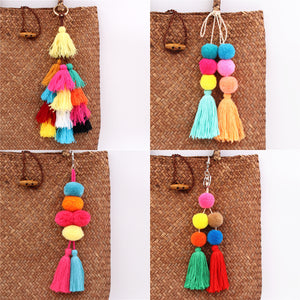 1pc Boho Jewelry Pompom Keychains With Tassel Bag Accessories Bag Hanging For Women Gift