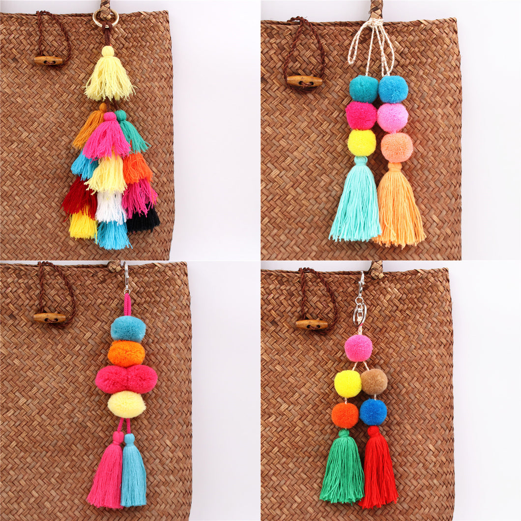 1pc Boho Jewelry Pompom Keychains With Tassel Bag Accessories Bag Hanging For Women Gift