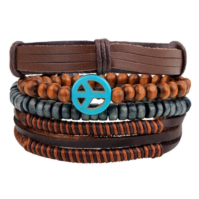 4pcs/set Handmade Boho Gypsy Hippie Fashion Trendy Vintage Cuff Beads Leather  Punk Charm Men Leather Bracelet For Women Jewelry