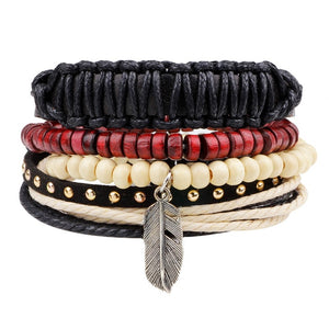 4pcs/set Handmade Boho Gypsy Hippie Fashion Trendy Vintage Cuff Beads Leather  Punk Charm Men Leather Bracelet For Women Jewelry