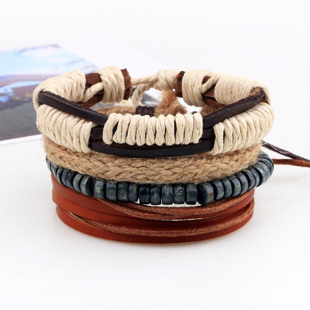 4pcs/set Handmade Boho Gypsy Hippie Fashion Trendy Vintage Cuff Beads Leather  Punk Charm Men Leather Bracelet For Women Jewelry