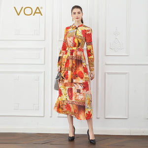 VOA Silk Dresses Autumn Long Sleeve Shirt Dress Women Romance Boho Floral Print High Waist Elegant Large Size Vintage A2863