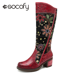 Socofy Vintage Patchwork Western Cowboy Boots Women Shoes Bohemian Genuine Leather Shoes Woman Mid-calf Boots Autumn Botas Mujer