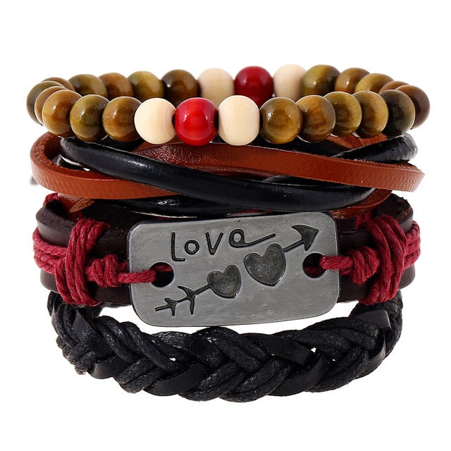 4pcs/set Handmade Boho Gypsy Hippie Fashion Trendy Vintage Cuff Beads Leather  Punk Charm Men Leather Bracelet For Women Jewelry