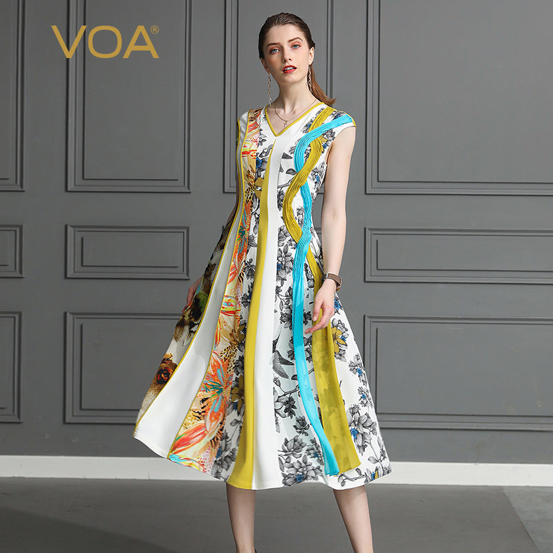 VOA Heavy Silk Party Dress Women Long Dresses Harajuku Sweet Boho Print Casual Plus Size 5XL V Neck Slim Vintage Summer A581