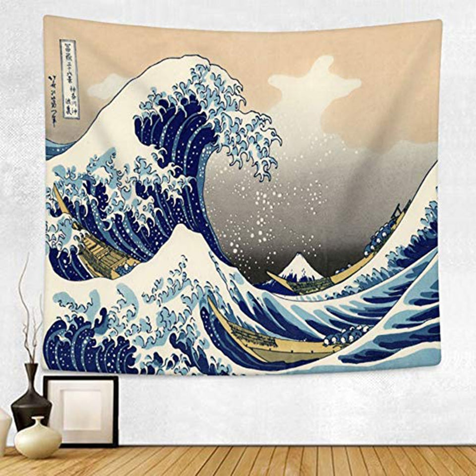 Japan Kanagawa Waves Printed Hanging Tapestry Whale Arowana Wall Hanging Tapestries Boho Bedspread Yoga Mat Blanket 200*148cm