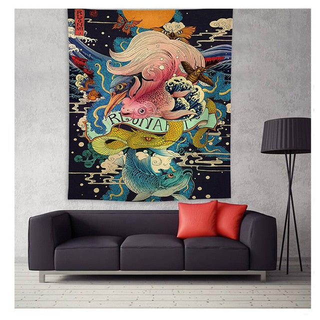 Japan Kanagawa Waves Printed Hanging Tapestry Whale Arowana Wall Hanging Tapestries Boho Bedspread Yoga Mat Blanket 200*148cm