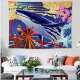 Japan Kanagawa Waves Printed Hanging Tapestry Whale Arowana Wall Hanging Tapestries Boho Bedspread Yoga Mat Blanket 200*148cm