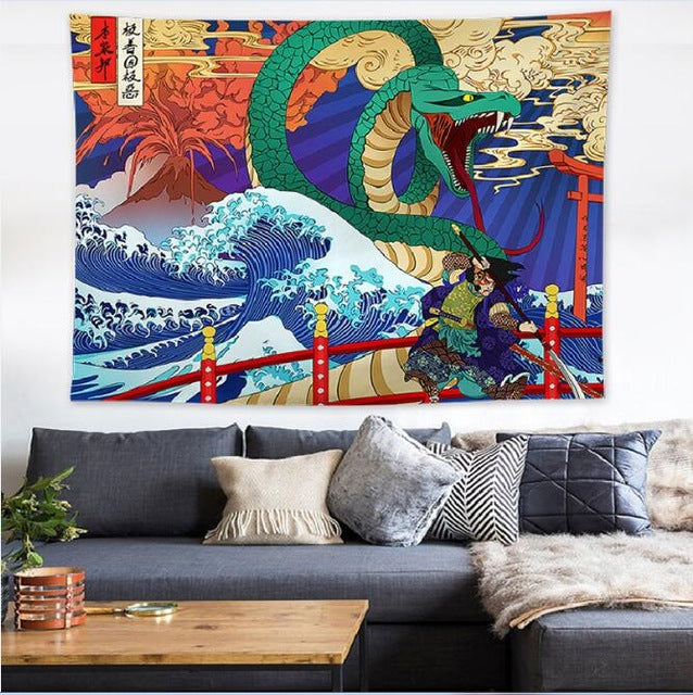 Japan Kanagawa Waves Printed Hanging Tapestry Whale Arowana Wall Hanging Tapestries Boho Bedspread Yoga Mat Blanket 200*148cm