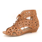 TAOFFEN Plus Size Cutouts Lace Up Women Sandals Open Toe Low Wedges Bohemian Summer Shoes Beach Shoes Women