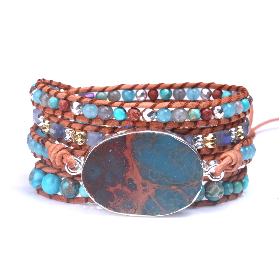 Fashion women's Boho Bracelet Natural Stone Crystal Silver Plated Regalite  leather wrap Bracelet Dropship Handmade jewelry