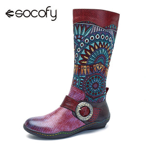 Socofy Retro Bohemian Mid-calf Boots Women Shoes Genuine Leather Buckle Decor Motorcycle Women Boots Snake Pattern Shoes Woman