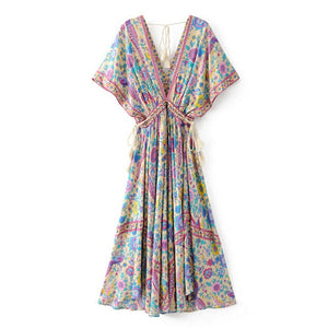 Boho Chic Summer Vintage Bird Floral Print Long Dress Women 2019 Fashion V Neck Lace Up Tassel Beach Dresses Vestidos Mujer