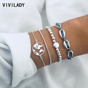 Silver Color Alloy 4pcs Unisex Charm Bracelets Hollow Round Map Chic Bead Handmade Shell Jewelry