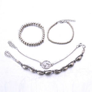 Silver Color Alloy 4pcs Unisex Charm Bracelets Hollow Round Map Chic Bead Handmade Shell Jewelry