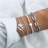 Silver Color Alloy 4pcs Unisex Charm Bracelets Hollow Round Map Chic Bead Handmade Shell Jewelry