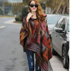 RUNMEIFA Women Winter Bohemian Hooded Coat Cape Wrap Poncho Shawl Scarf Cotton and Acrylic Tribal Fringe New Hoodie