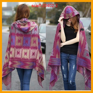 RUNMEIFA Women Winter Bohemian Hooded Coat Cape Wrap Poncho Shawl Scarf Cotton and Acrylic Tribal Fringe New Hoodie