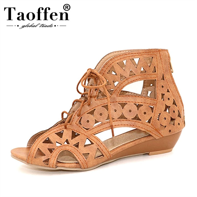 TAOFFEN Plus Size Cutouts Lace Up Women Sandals Open Toe Low Wedges Bohemian Summer Shoes Beach Shoes Women