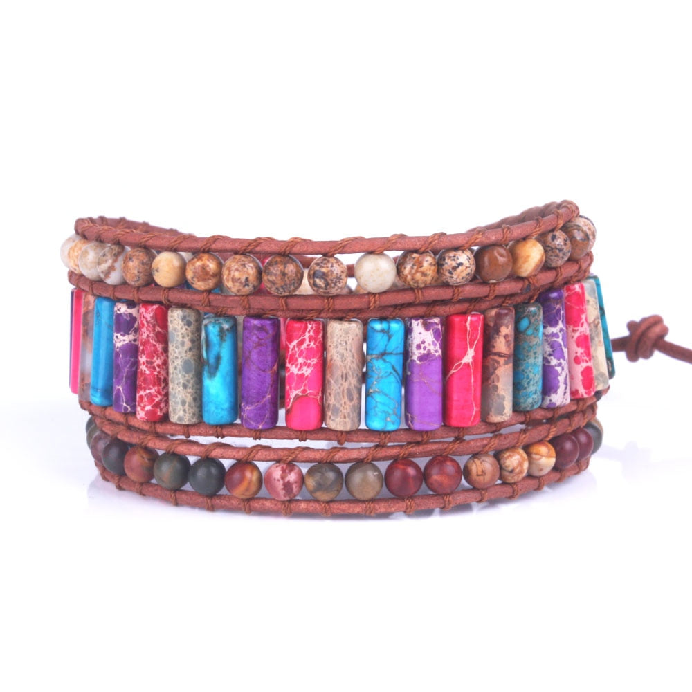 Women boho bracelet Unique Multi Color Natural Stone Tube Beads Leather Wrap Bracelet Handmade Bohemia jewelry Dropship