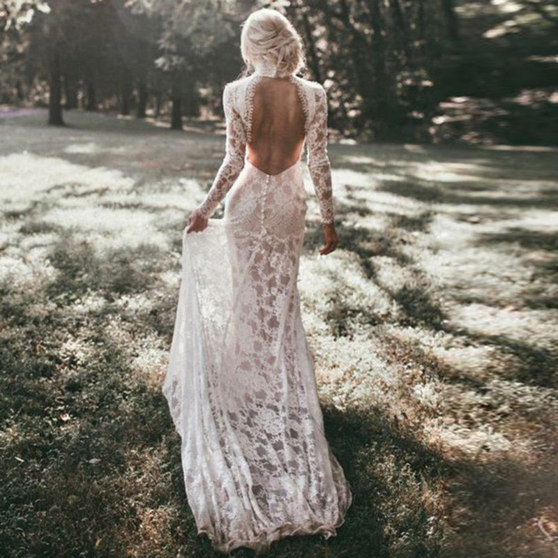 Robe De Mariage 2019 Long Sleeves Wedding Dresses Boho High Neck Exquisite Lace Backless Chic Wedding Dress Bridal Gowns