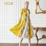 VOA Silk Party Dresses Women Summer Yellow Midi Dress 3D Printed V Neck Boho Slim Large Size Sweet Elegant Short Sleeve A731