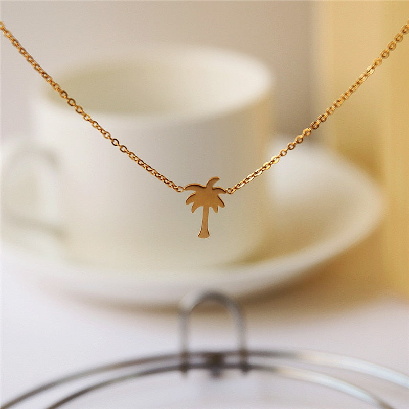 Gold Color Palm Tree Necklace Women Boho Jewelry Island Life Stainless Steel Chain Bff Gift Collier Femme 2019