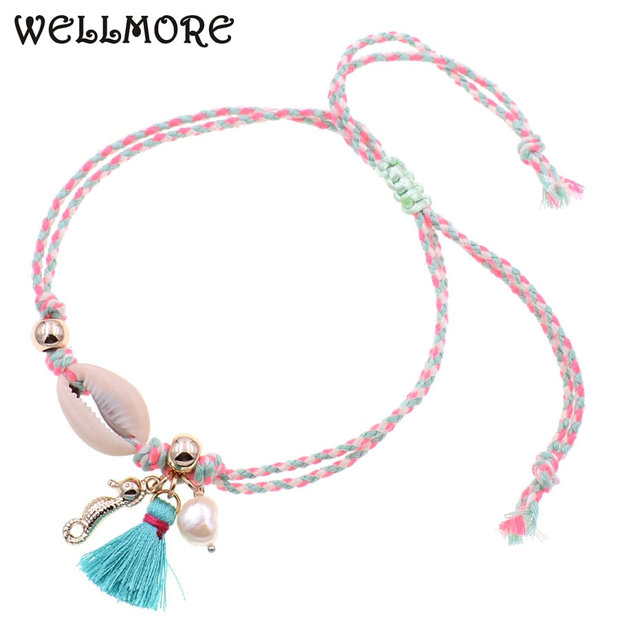 WELLMORE women Anklet bracelets BOHO shell Anklets for women shell/Tassel/ Fresh water pear Anklet foot Jewelry