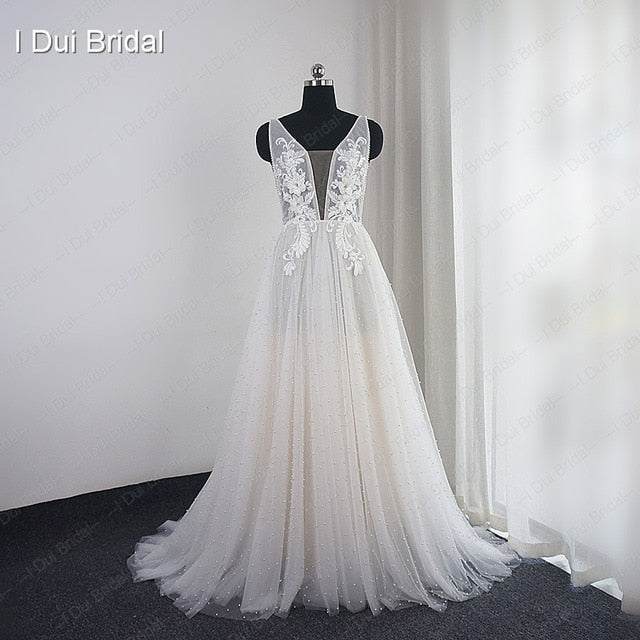 Pearl Wedding Dress with Lace Appliques Boho Chic Bridal Gown Beach Style Light Weight Factory Real Photo