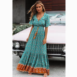 Frieda Retro Chic Maxi Dress Women 2019 Summer Elegant Short Sleeve V neck High Waist Dress Floral Print Boho Beach Long Dress